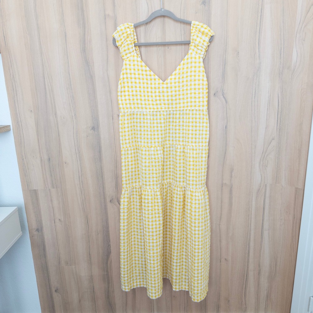 Old Navy Gingham Maxi Dress XL Butter Yellow Tiered Smocked Boho Cottage Prairie